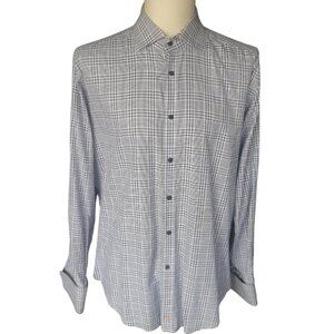Thomas Dean SZ M French Cuff 100% Cotton Navy/White Plaid Men's Button Up Shirt